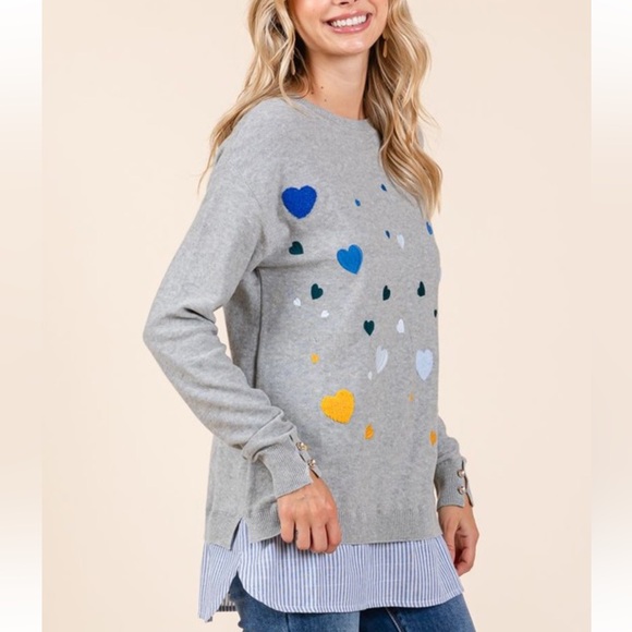 LONG SLEEVE WITH BUTTON  TEXTURED AND EMBROIDERY HEARTS STRIPE SHIRT BOTTOM - Picture 4 of 7